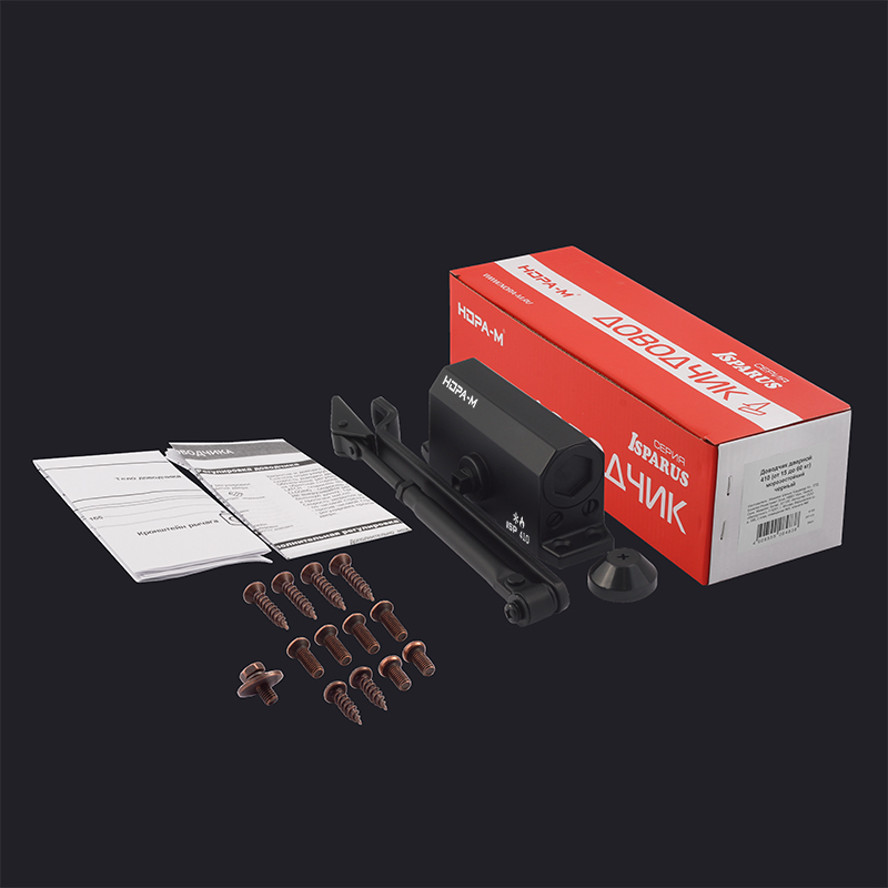 Комплектация и упаковка Доводчик дверной 410 ISPARUS цвет Черный Нора-М